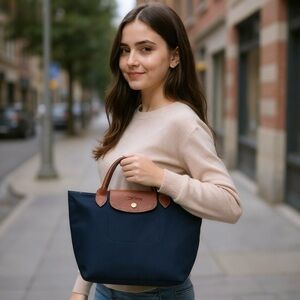 Longchamp Navy and Brown Le Pliage Small Tote